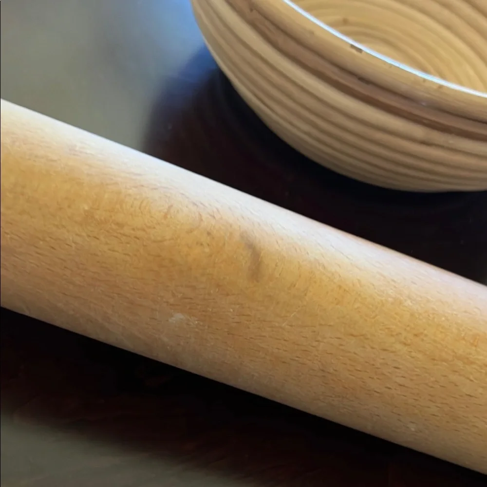 Handcrafted Wooden Cookware: Vintage Rolling Pin & Spiral Bread Proofing Basket